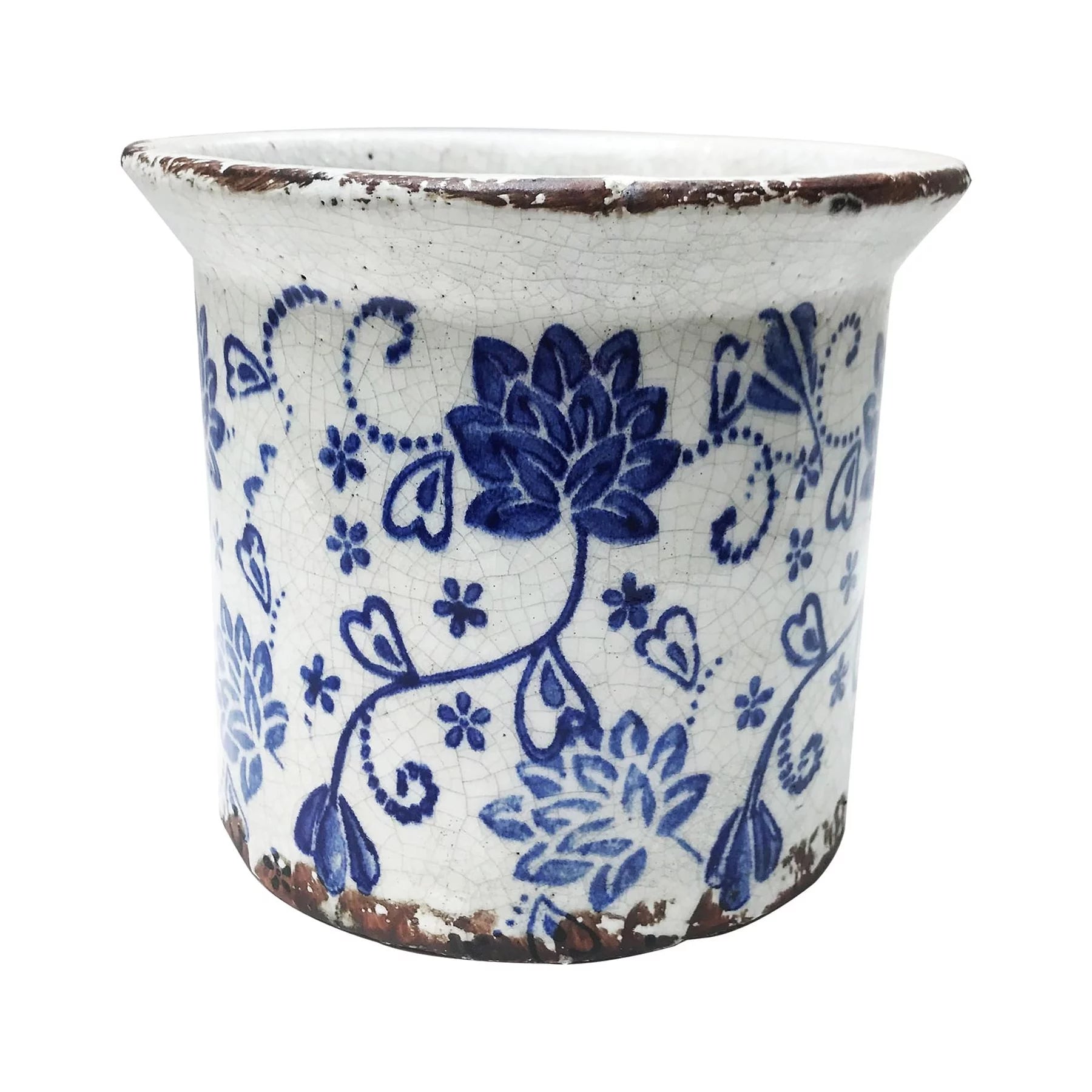 Blue and White Ceramic Flower Print Planter with Flared Lip P35311