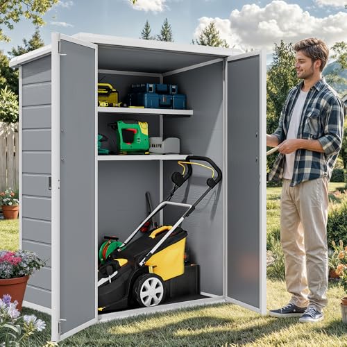 60 Cuft Outdoor Tall Storage Shed with 2 Shelves, Weatherproof Vertical Tool Shed with Floor & Lockable Doors, Double-Wall Plastic Cabinet (Gray) J68129