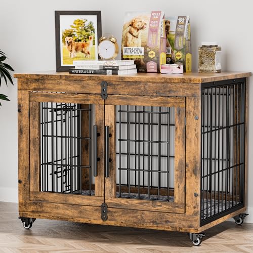 Grey Wooden Dog Crate 32'' with Cushion & Wheels Double Doors Q8314