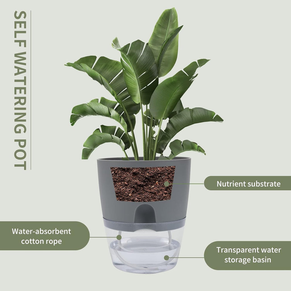 6 Pack Grey Plastic Self Watering Plant Pot G10105
