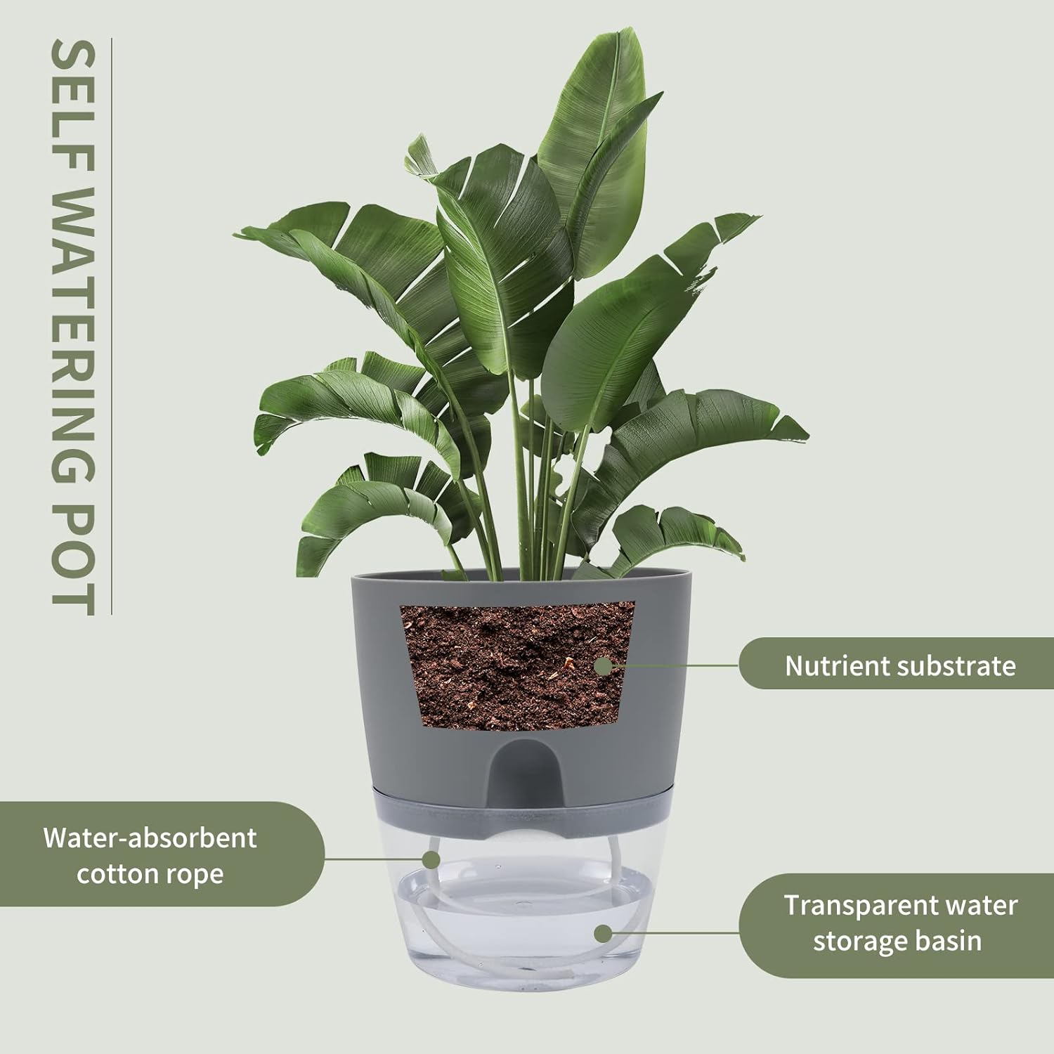 6 Pack Grey Plastic Self Watering Plant Pot G10105