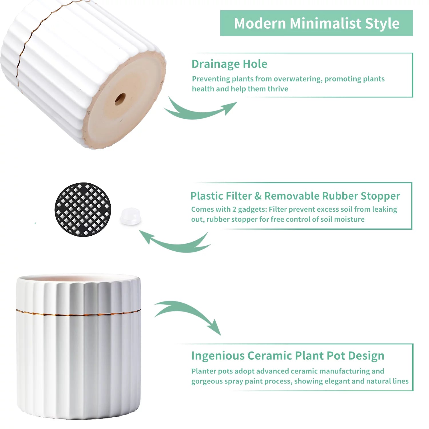 2 Pack White Ceramic Plant Pots with Drainage Hole X404