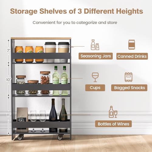 4-Tier Rolling Storage Cart with Handle & Wooden Top (White & Natural) T6548