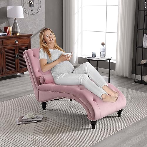 Pink Velvet Button Tufted Chaise Lounge Chair with Lumbar Pillow S7115