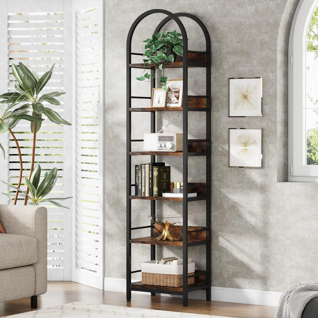 6-Tier Open Bookshelf, 78.7" Tall Arched Bookcase with Metal Frame, Rustic Brown A4183