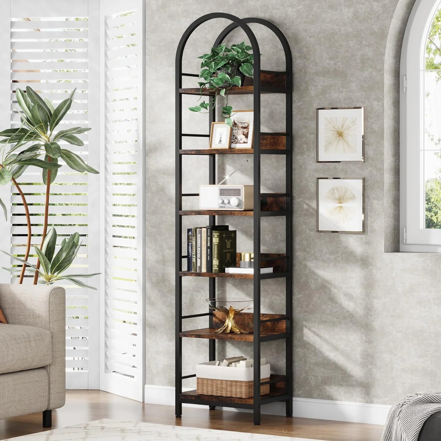 6-Tier Open Bookshelf, 78.7" Tall Arched Bookcase with Metal Frame, Rustic Brown A4183