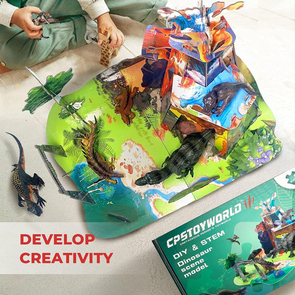 Realistic Dinosaur Toys, Large Dinosaur Figure Sets Including Movable T-Rex, Triceratops, Indoraptor and 3D Volcano Puzzles N199