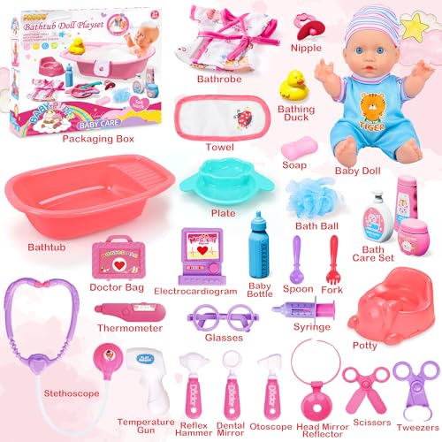 25Pcs Doll Care Toy Playset with Cradle Crib, High Chair, Milk Bottle, Pacifier, Diaper O15964