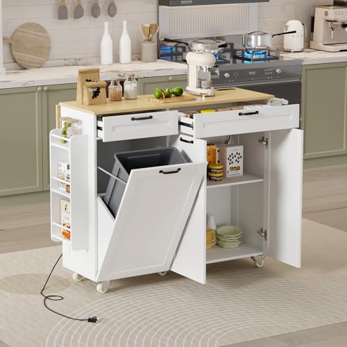 Rolling Kitchen Island with Power Outlet & Drop Leaf, Trash Storage Cabinet, Spice Rack & Towel Rack, Knife Holder Y445764