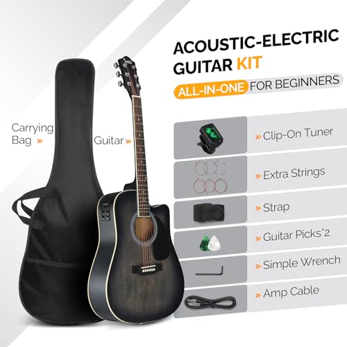 Full Size 6 Strings Acoustic Electric Guitar with Inbuilt Tuner, Bag, Strap, Picks, Strings, Basswood, Matte Distressed Black Q45113