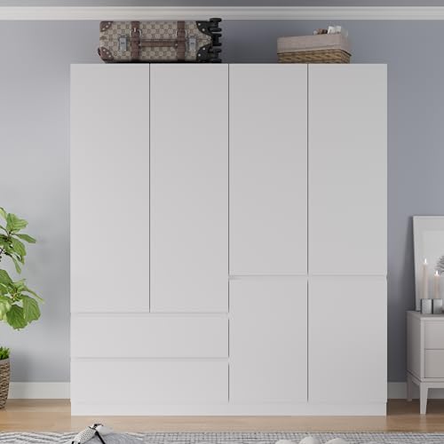 White 4 Door 2 Drawers Wooden Armoire Wardrobe with Shelves and Hanging Rod E242441