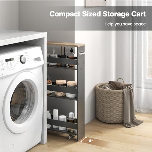 4-Tier Rolling Storage Cart with Handle & Wooden Top (White & Natural) T6548