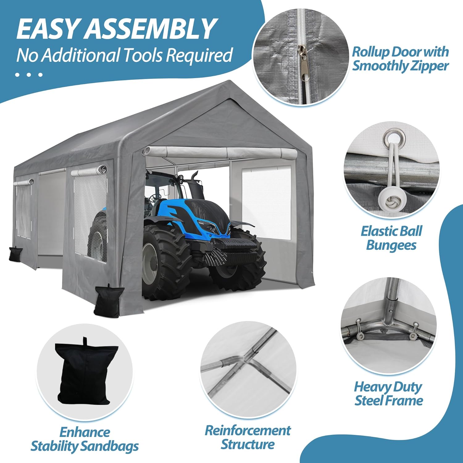 10'x20' Portable Carport Garage with Roll-up Doors and Windows M6214