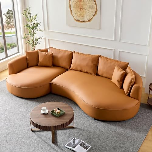 Grey Leather Curved Sectional Sofa with Pillows V5578