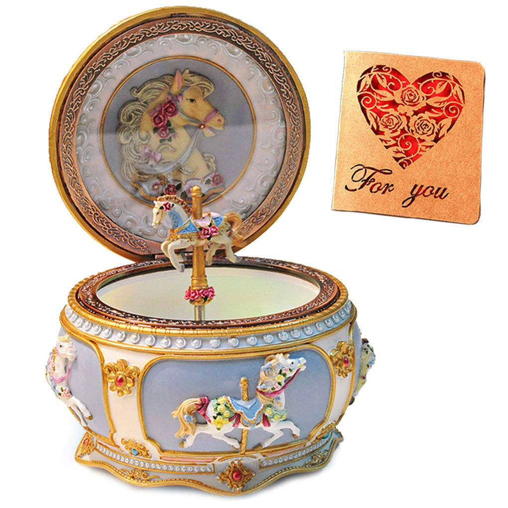 Classical Carousel Horse Music Box with LED Lights Resin Carved Mechanical Musical Box H4502