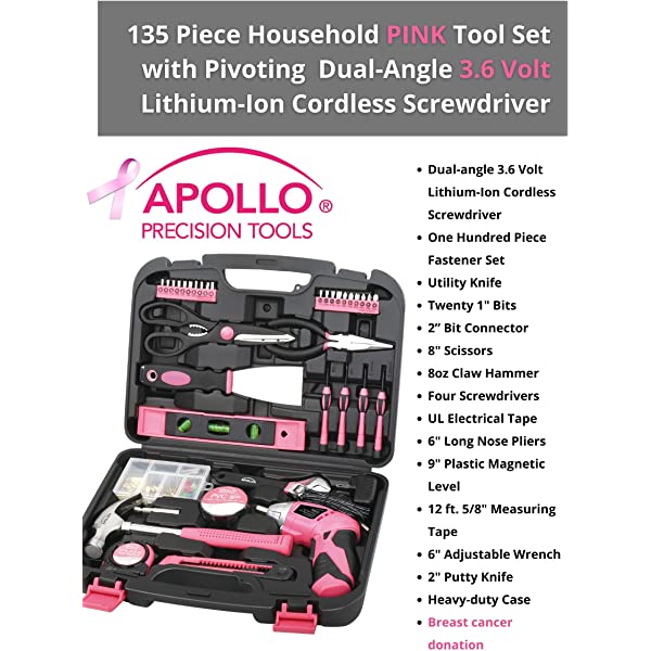 135 Piece Pink Household Tool Kit with Cordless Screwdriver X993985
