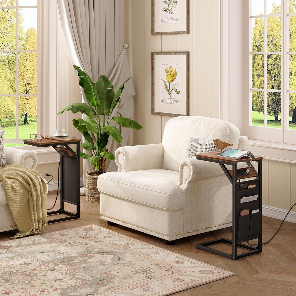 Rustic Brown and Black C-Shaped End Table with Charging Station and Storage Bag J35865
