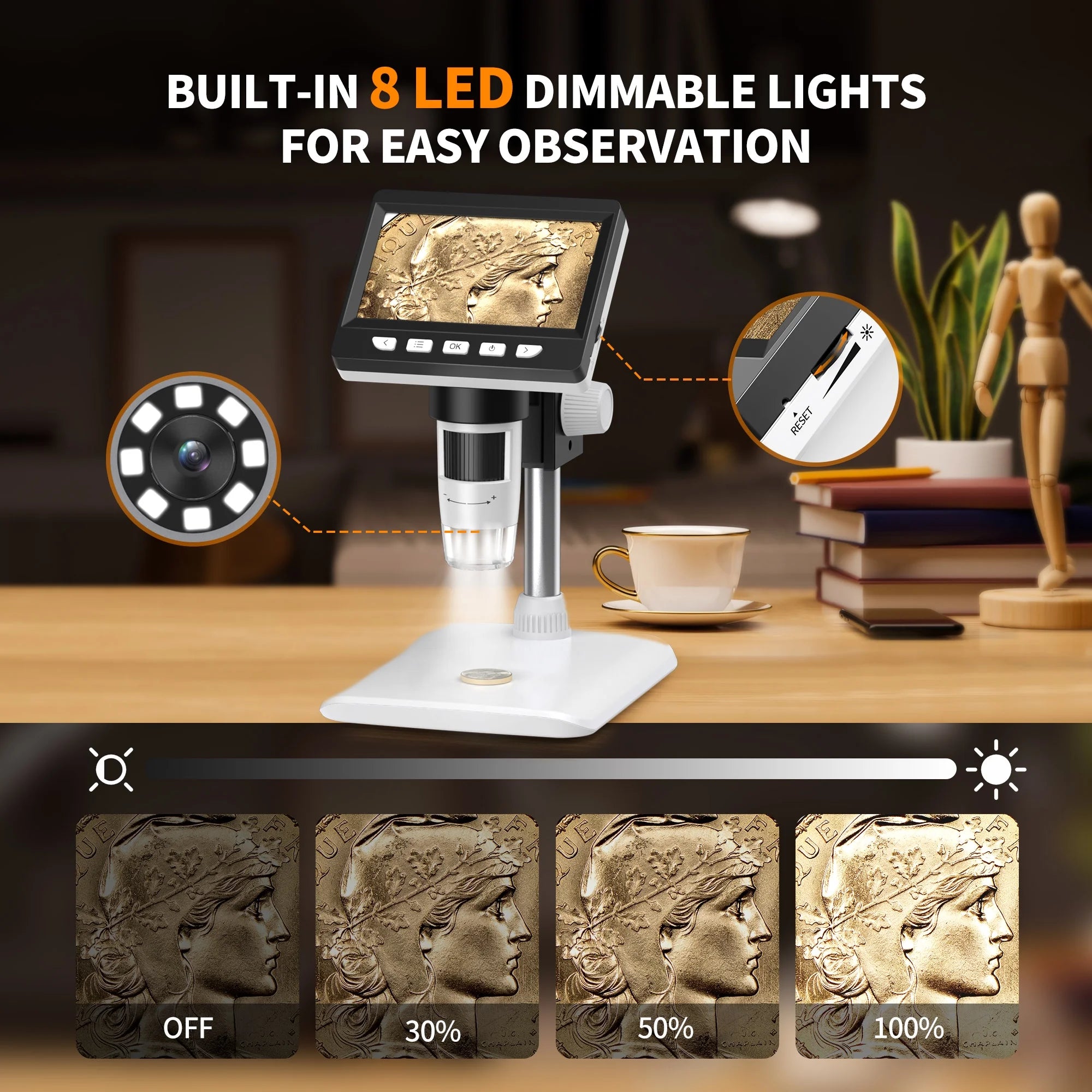 4.3 Inch IPS Screen 1-1000X Magnification Zoom Digital Microscope with 8 Adjustable LED Lights L33054