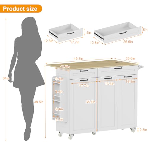 Rolling Kitchen Island with Power Outlet & Drop Leaf, Trash Storage Cabinet, Spice Rack & Towel Rack, Knife Holder Y445764