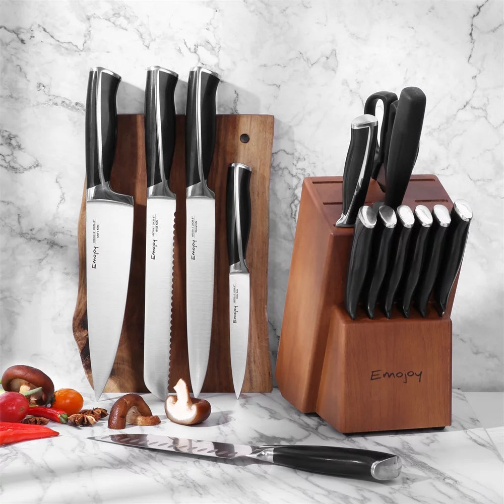 15-Pcs Black Stainless Steel Knife Set with Block O362