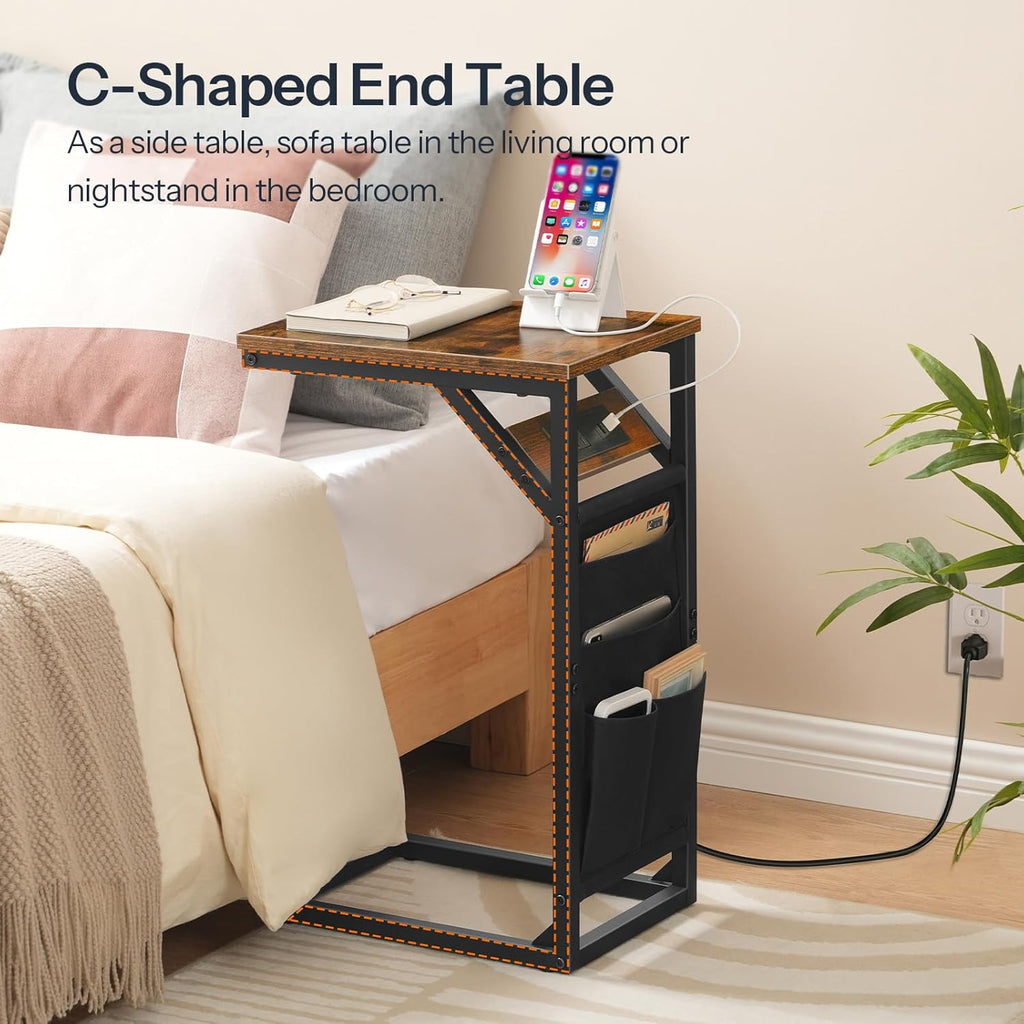 Rustic Brown and Black C-Shaped End Table with Charging Station and Storage Bag J35865