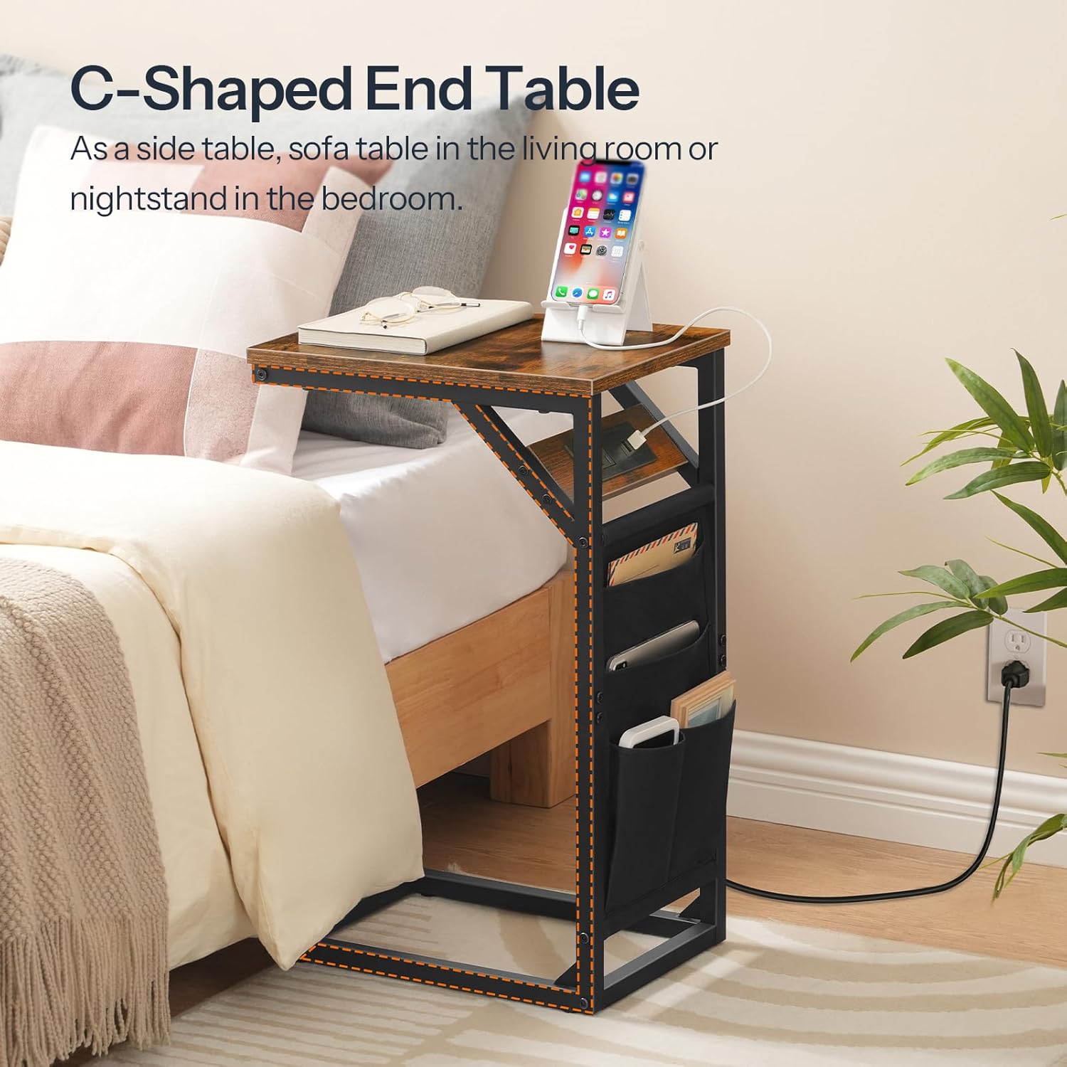Rustic Brown and Black C-Shaped End Table with Charging Station and Storage Bag J35865