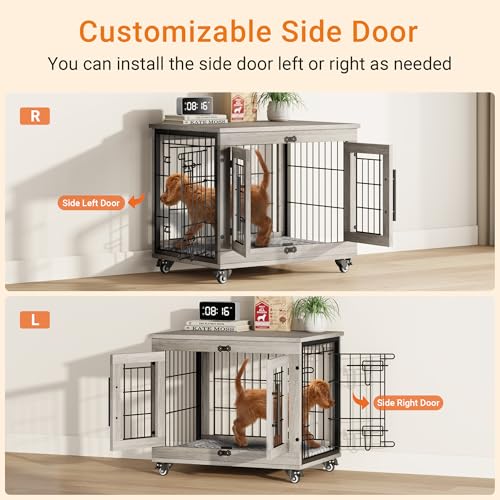 Grey Wooden Dog Crate 32'' with Cushion & Wheels Double Doors Q8314