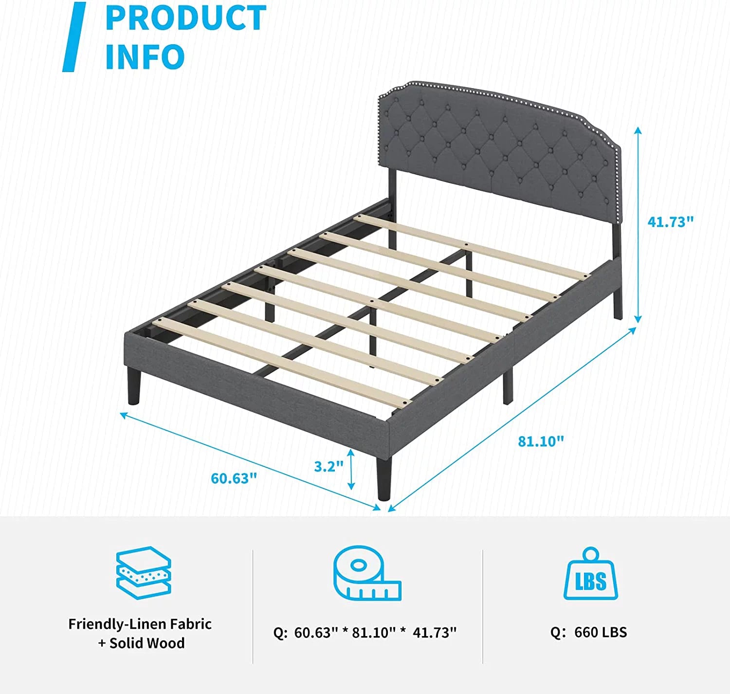 Queen Size Platform Bed Frame with Diamond Button Tufted Upholstered Headboard, Dark Grey F766