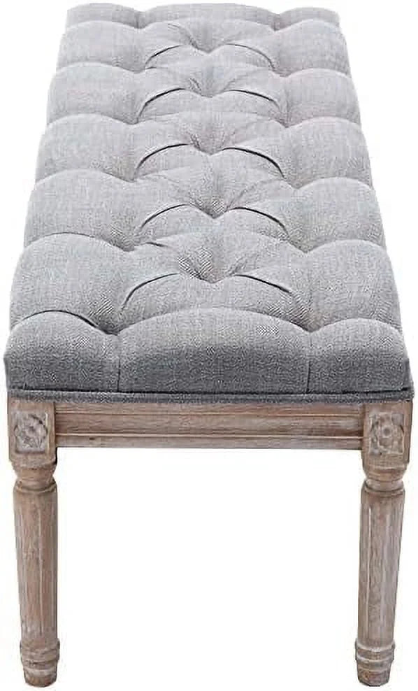 Grey Fabric Entryway Bench with Button Tufted Seat and Rustic Wood Legs K79941