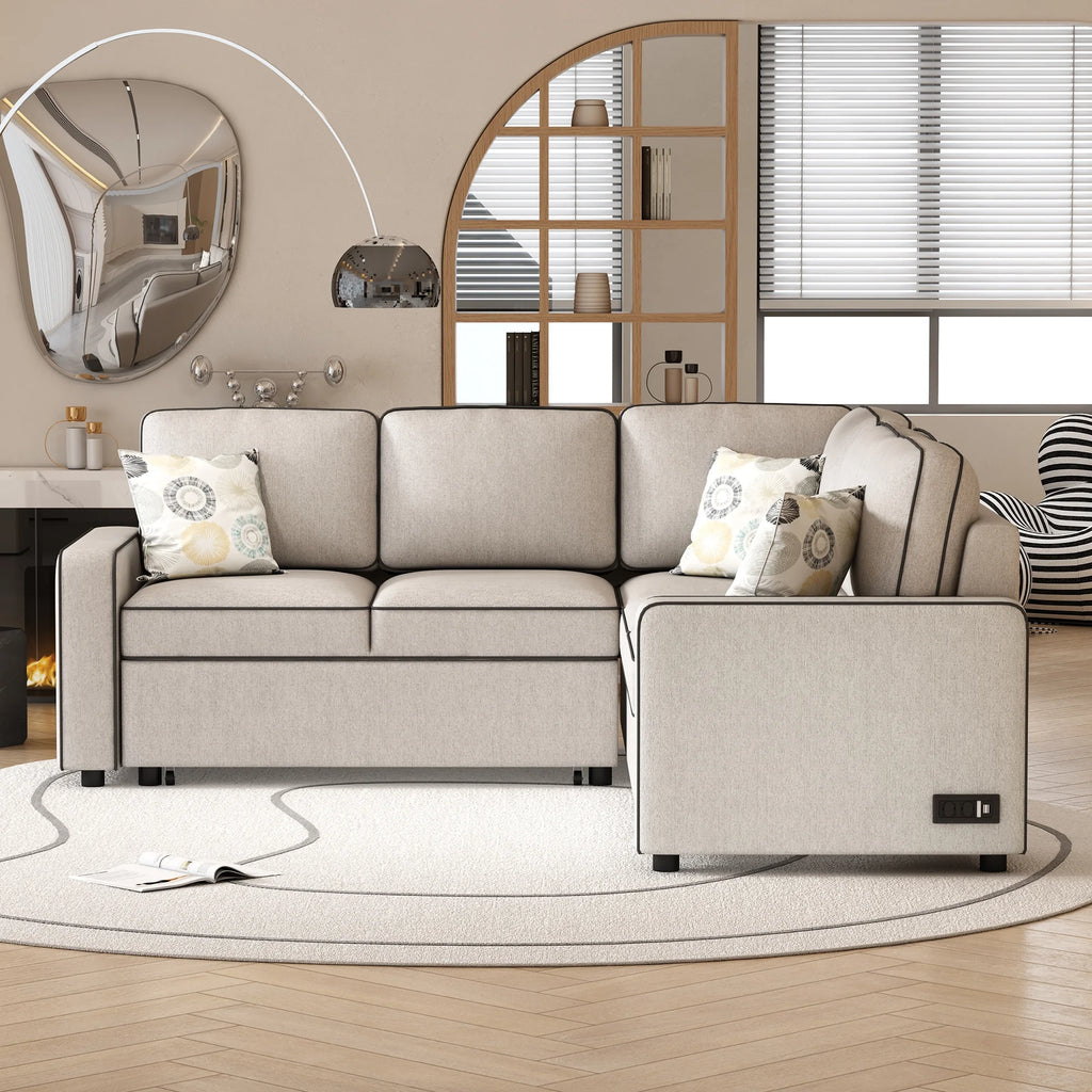 5 Seat L-Shaped Pull Out Sofa Bed with USB Ports, Cream D59172