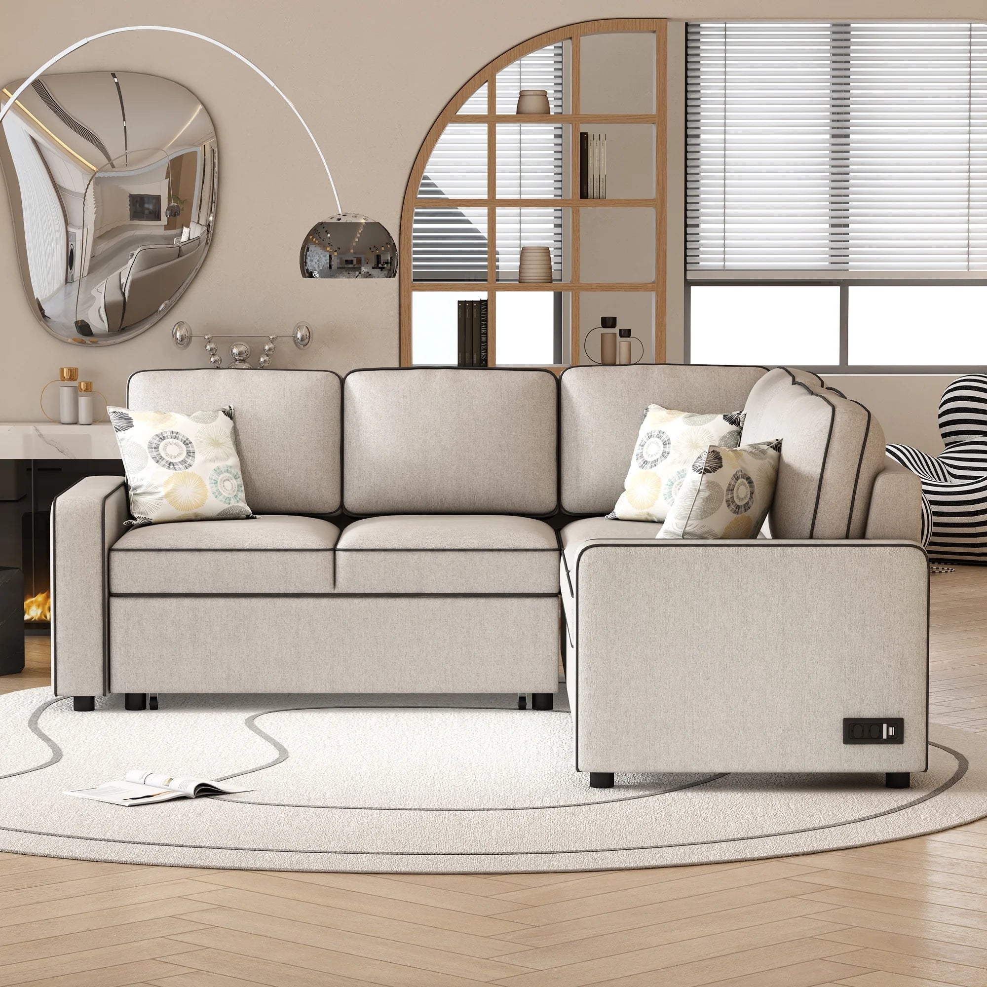 5 Seat L-Shaped Pull Out Sofa Bed with USB Ports, Cream D59172