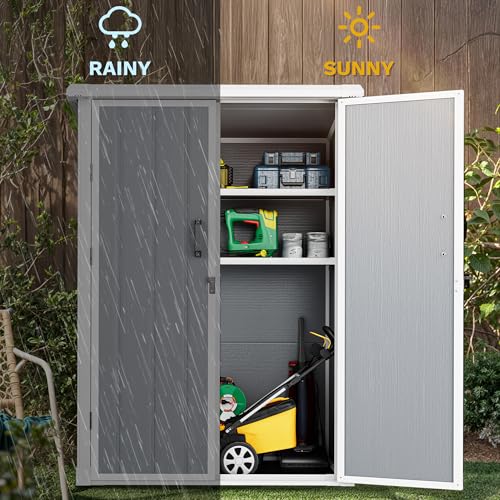 60 Cuft Outdoor Tall Storage Shed with 2 Shelves, Weatherproof Vertical Tool Shed with Floor & Lockable Doors, Double-Wall Plastic Cabinet (Gray) J68129