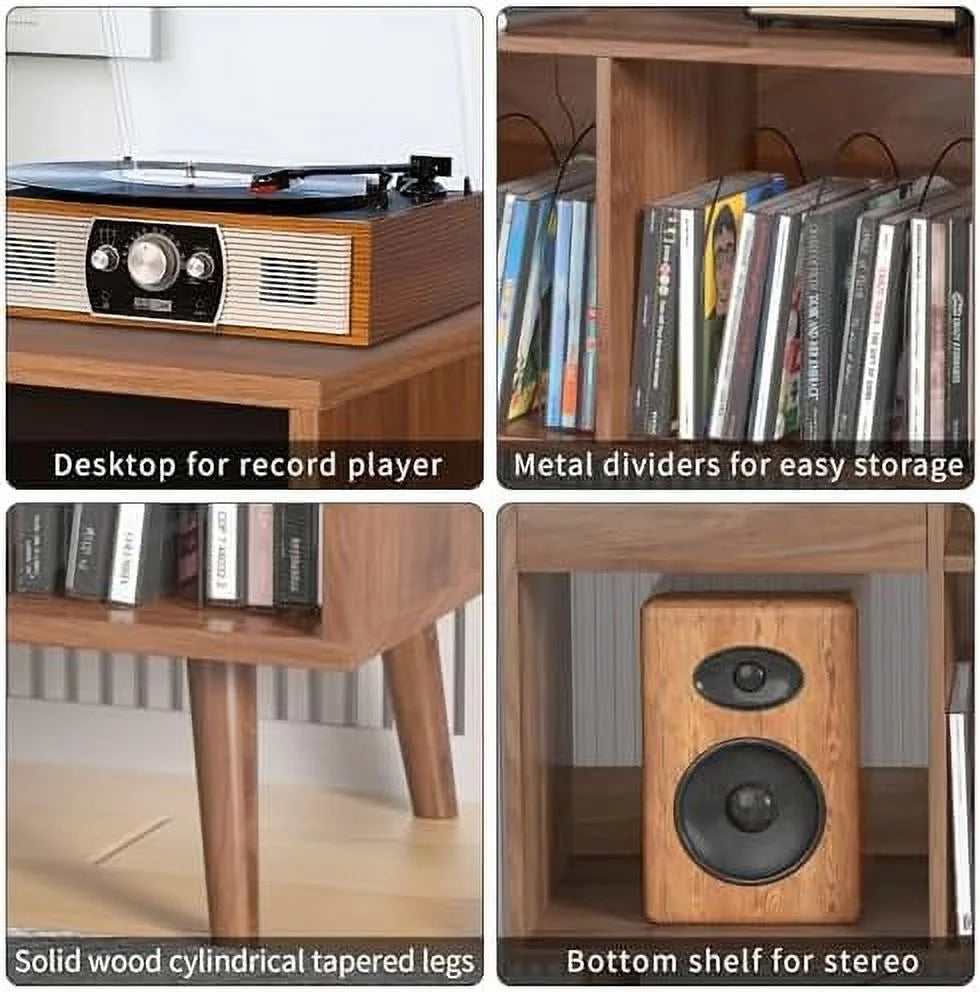 Mid-Century Record Player Stand with Vinyl Record Cabinet and Power Outlet K957669