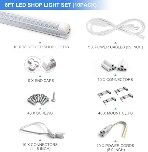 10-Pack 8ft 90W T8 Integrated LED Tube Light 6500K 12000LM V-Shape Linkable Clear Cover J7852