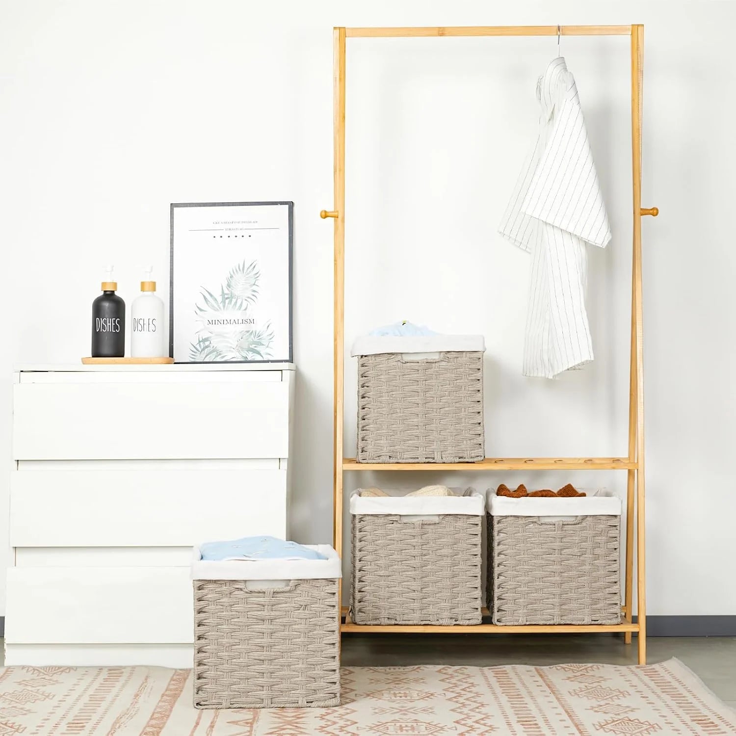 4-Pack Hand-Woven Imitation Wicker Cube Storage Bins with Liners Greyish Beige N202