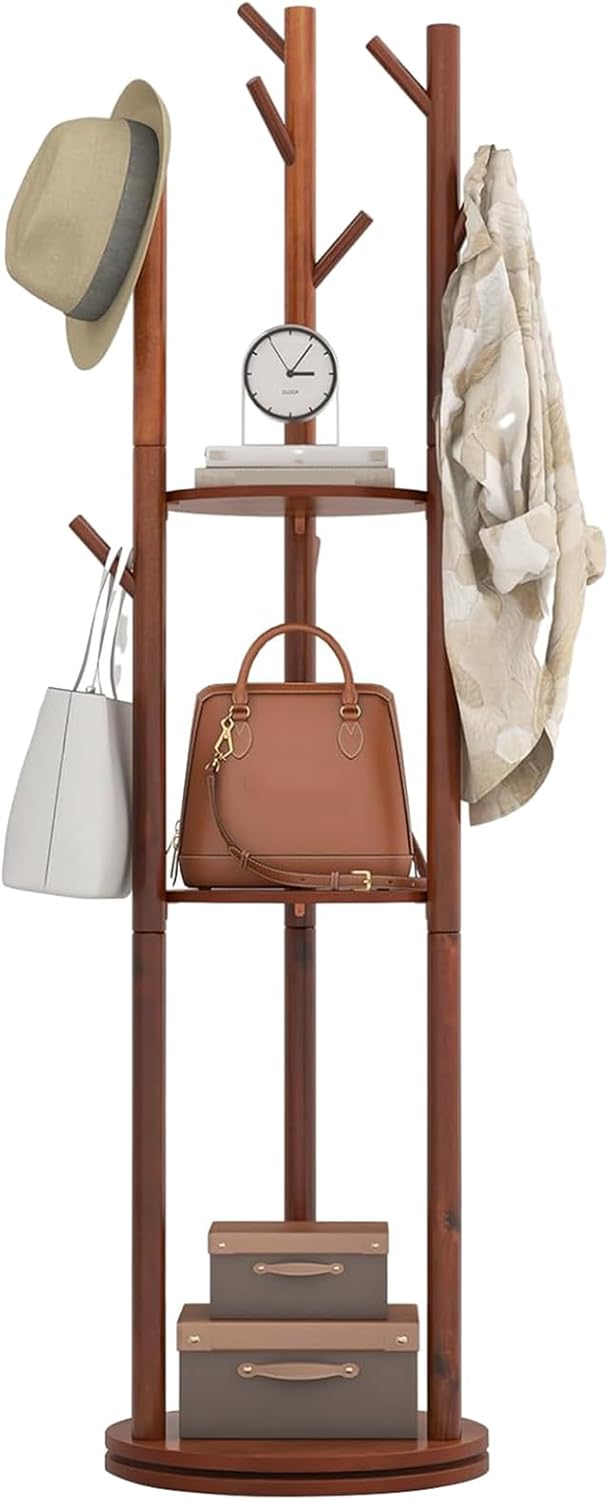 Walnut Wooden Freestanding Coat Rack with 3 Shelves and 9 Hooks L3636