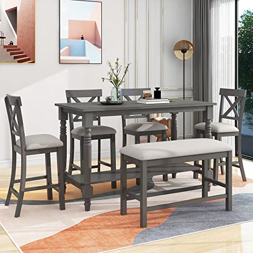 6-Piece Counter Height Table with Shelf 4 Chairs and Bench Gray L99259