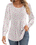 Puff Long Sleeve Tunic Tops Pleated Crew Neck Blouses Y56045