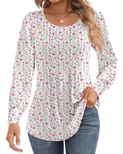Puff Long Sleeve Tunic Tops Pleated Crew Neck Blouses Y56045
