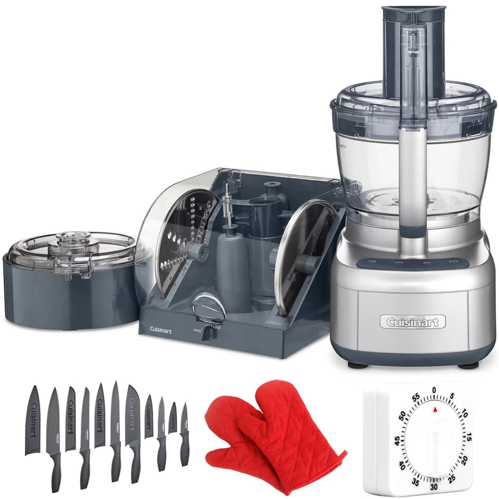 13-Cup Food Processor with Spiralizer and Dicer, Silver Bundle with 12 Piece Cutlery Set, Kitchen Timer and Red Oven Mitt K9483