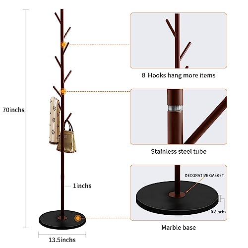 White Metal Coat Rack Stand with Marble Base and 8 Wooden Hooks W8781