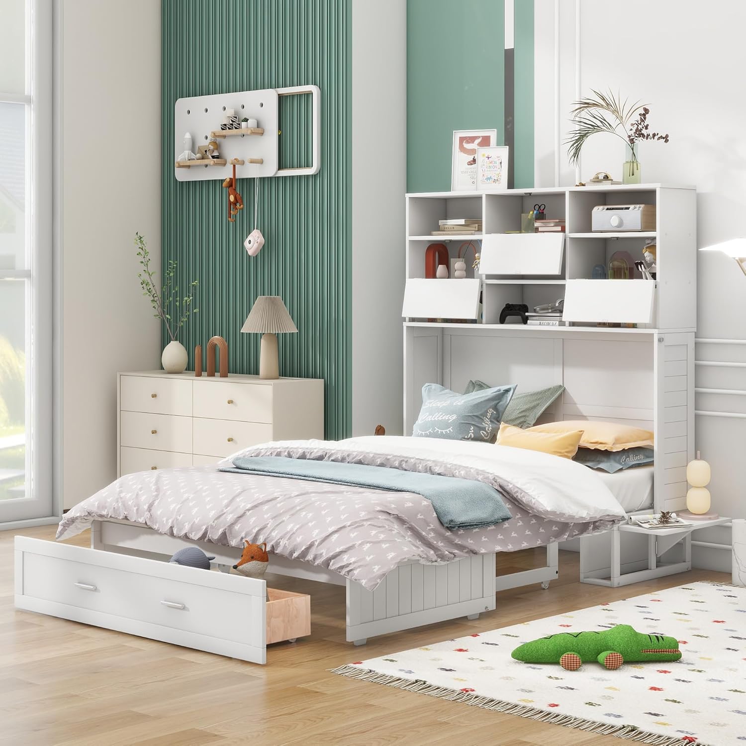 White Queen Size Murphy Bed with Bookcase and Drawer I61642
