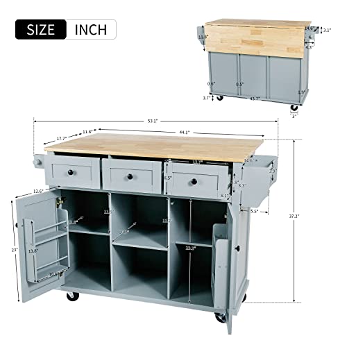 Large Kitchen Island with 2 Drop Leaf, Rolling Kitchen Cart on 5 Wheels with Power Outlet, Folding Storage Dining Table with Spice & Towel Rack, 3 Drawers Z238980