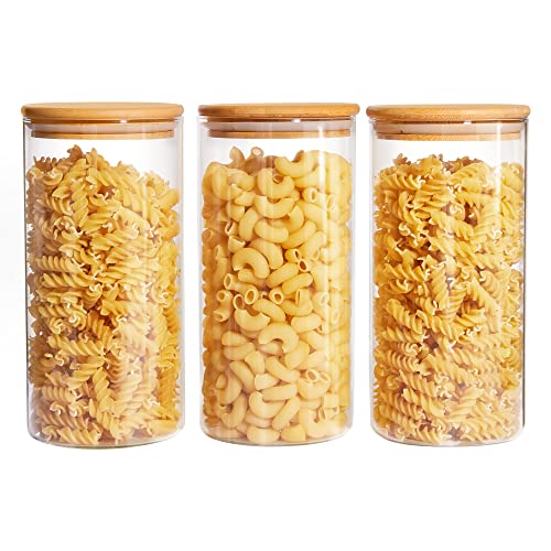 Set of 3 Glass Food Storage Jars with Airtight Bamboo Wooden Lids L91663