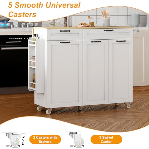 Rolling Kitchen Island with Power Outlet & Drop Leaf, Trash Storage Cabinet, Spice Rack & Towel Rack, Knife Holder Y445764