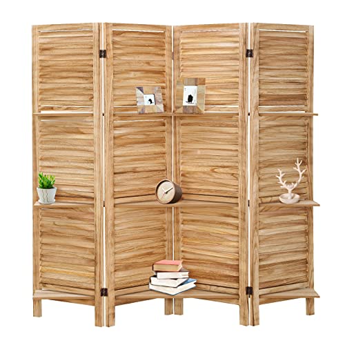 4 Panel Wooden Room Divider with Shelves (Deep Brown) L8493