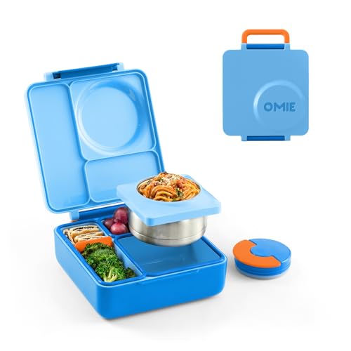 Insulated Bento Lunch Box with Leak Proof Vacuum Insulated Food Jar - 3 Compartments, Two Temperature Zones (Blue Sky) Z7355