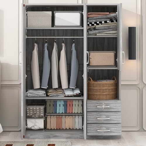 Grey 3 Door Wooden Wardrobe Closet with Drawers and Hanging Rail X2355