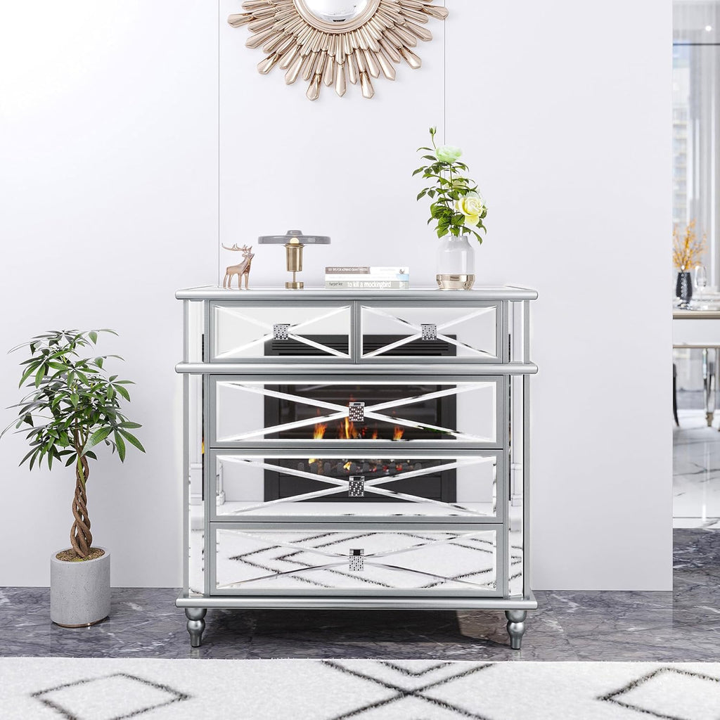 Silver Mirrored 5 Drawer Dresser with Wood Legs Z217