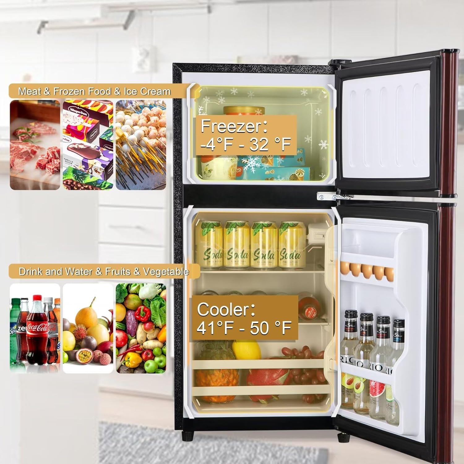 Compact Refrigerator, 3.5 Cu.Ft Double Door Fridge with 7 Level Adjustable Thermostat R35290